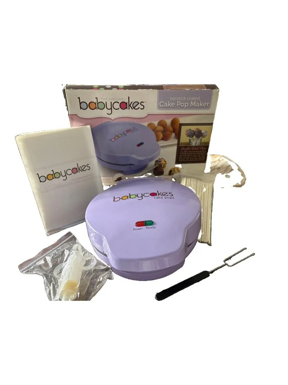 Baby Cakes Cake Pop Maker w/filling Injector, Sticks & 2 Pronged Fork-With Stand